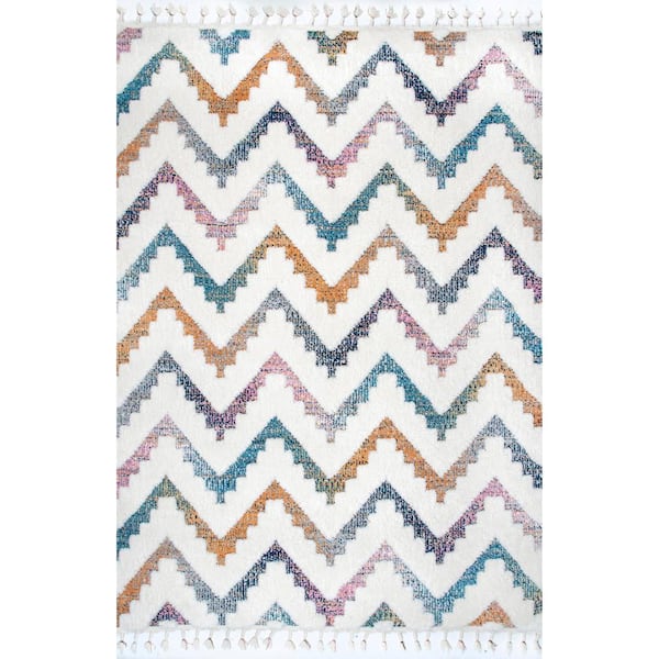 nuLOOM Rumi High-Low Chevron Kids Tassel Ivory Doormat 3 ft. x 5 ft. Area Rug
