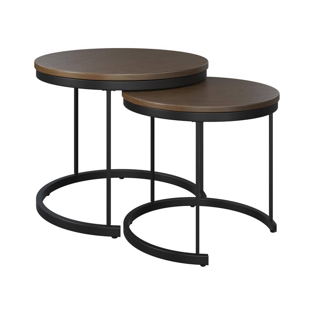 Modern Round Nesting Coffee Table Set in Sleek Brown Wood & Metal