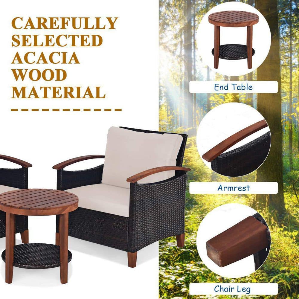 Beige Acacia Wood and Rattan Outdoor Bistro Set