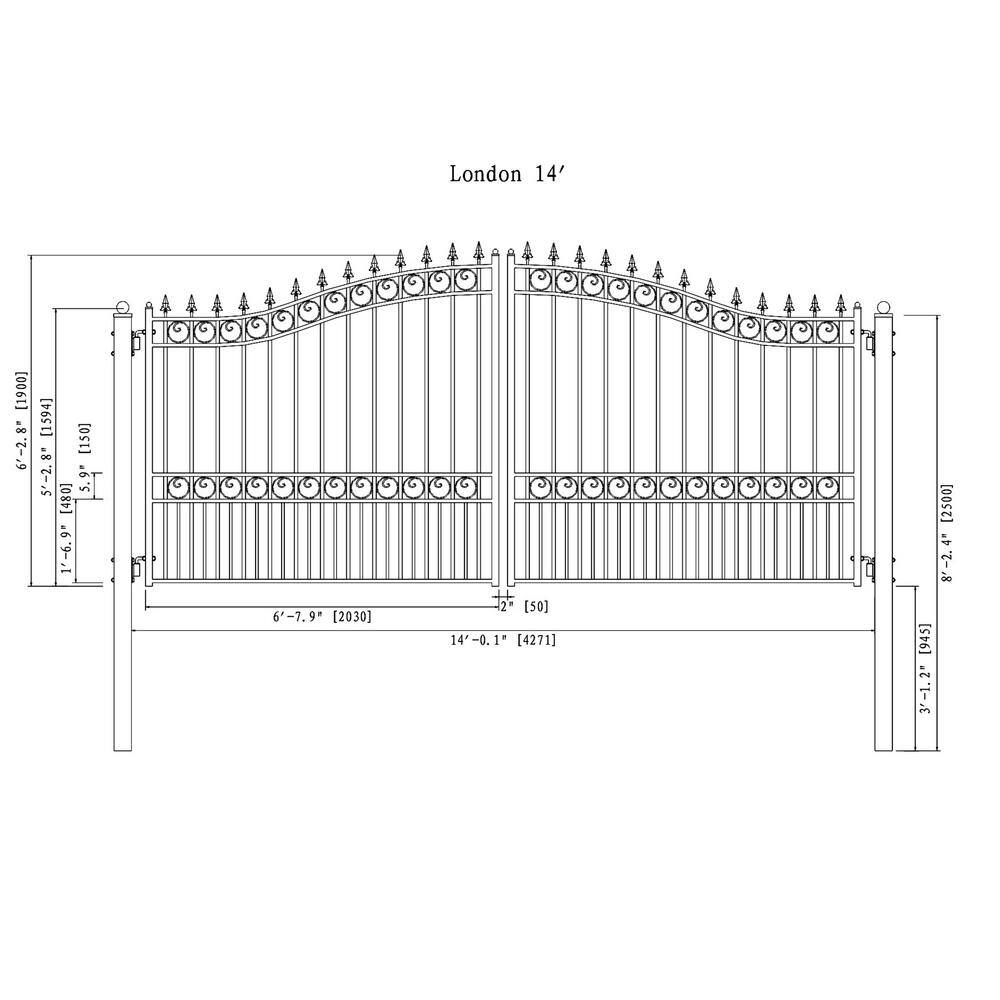 London Style Black Steel Dual Swing Driveway Gate with Opener