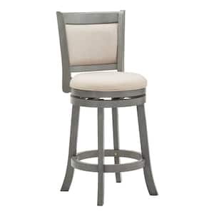 24.75 in. Antique Grey Finish Beige Upholstered Back Wood Frame Swivel Counter Height Stool