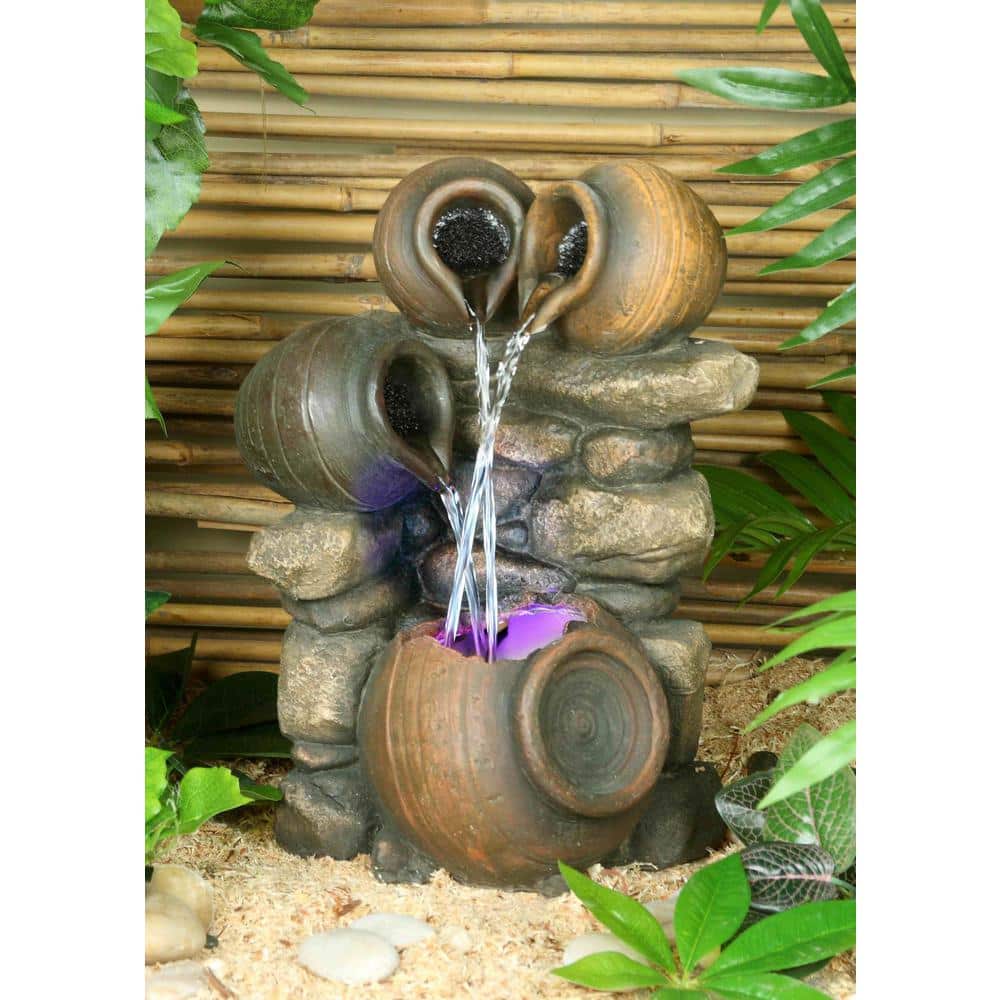 Rustic Brown Polyresin 3-Jug Water Fountain with LED Light