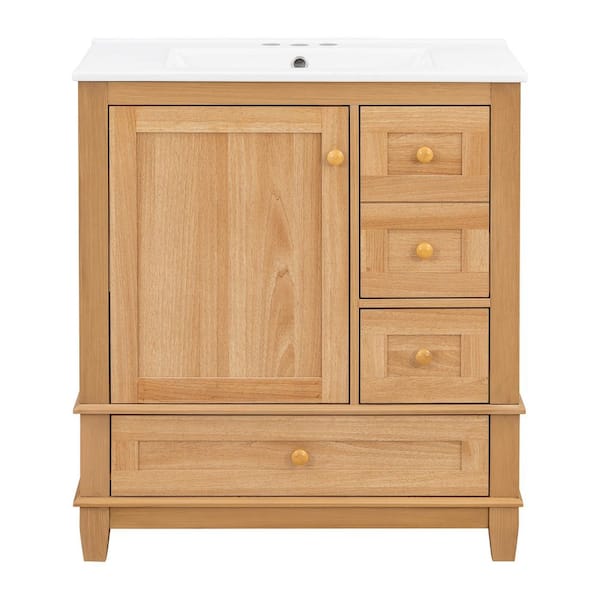 30 in. Single Sink Freestanding Natural Bath Vanity with White Ceramic Top, 3-Drawers and Door Racks