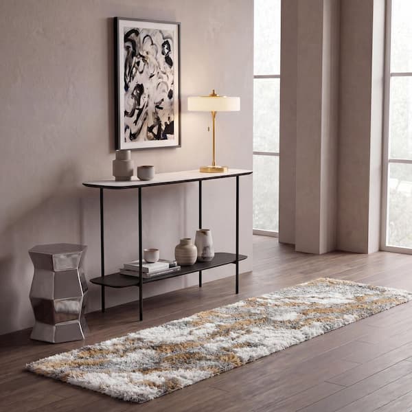 Horizon Shag 2 ft. x 5 ft. Gray/Gold Abstract Marble Runner Rug