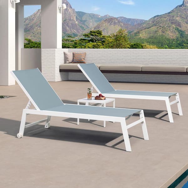 Aluminum White Frame Metal Outdoor Chaise Lounge Patio Lounge Chair with Side Table and Wheels Extra Large, Steel Blue