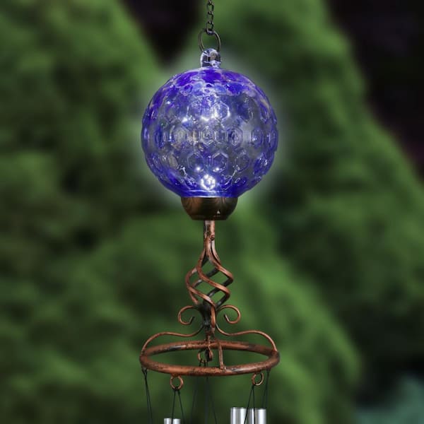 Exhart Solar Hanging Lantern, Handblown Blue Glass – Round Hanging Lantern  Light w/ 12 LED Firefly String Lights, Metal & Glass Lantern Decorative Orb