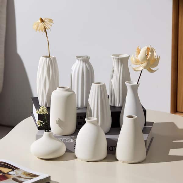 4.1 in. White Ceramic Artificial Plant Vase Set, 9-Piece, Neutral
