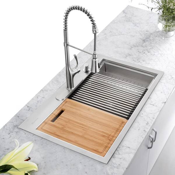 Glacier Bay All In One Drop In Stainless Steel 30 In 4 Hole Single Bowl Kitchen Workstation Sink With Faucet And Accessories 4308f 2 The Home Depot