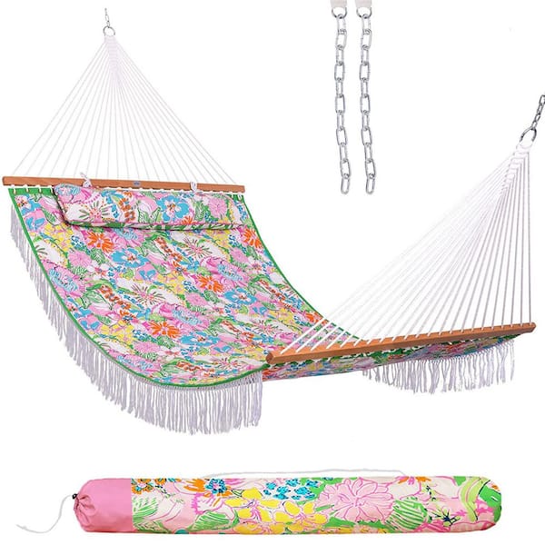 12 ft. Quilted Fabric Hammock with Soft Pillow, Double 2 Person Hammock, Flowers