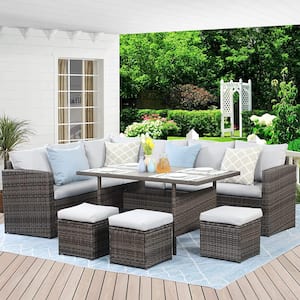 7-Piece PE Rattan Wicker Patio Outdoor Dining Sectional Sofa Set with Gray Cushions