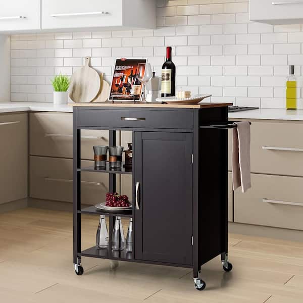 Brown Mobile Island Kitchen Cart Serving Utility Trolley Drawer Shelf Towel Rack