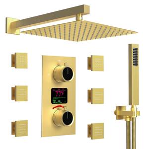 LCD Temp&Time Display 3-Spray 12 in. Ceiling Mount Shower System with Shower Head Handheld Set in Brushed Gold