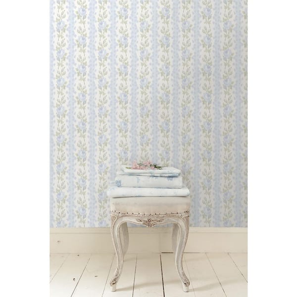 Blooming Heirloom Blue Romance Rose Stripe Wallpaper