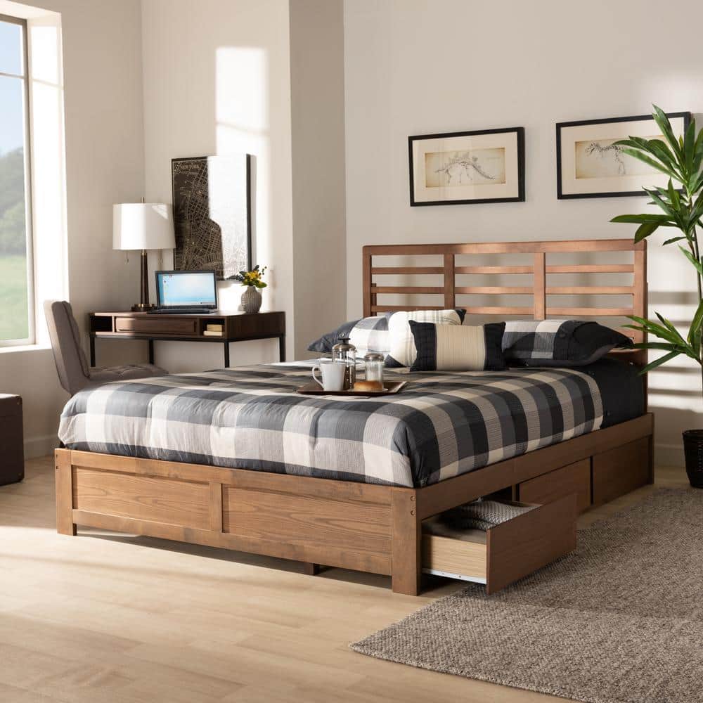 Ash Walnut King Size Wood Frame Upholstered Storage Bed with 3 Drawers