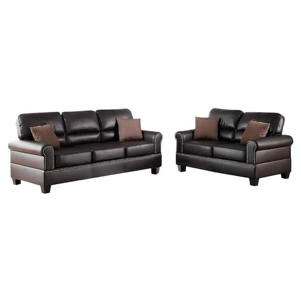 82 in. Round Arm Faux Leather Rectangle Sofa and Loveseat Set in Espresso Brown