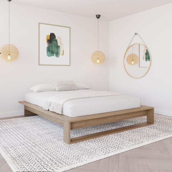 Nexera Lido Brown Oak Frame Queen Size Platform Bed with Slats