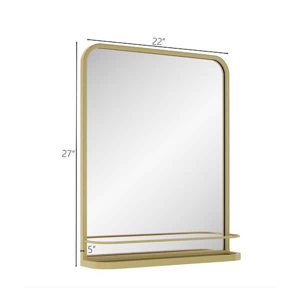 HMANGE Gold Bathroom Mirror with Shelf Vanity Mirror,Rectangle Metal  Rounded Wall Mirror for Bathroom Living Room,Entryway 21 x 26.7