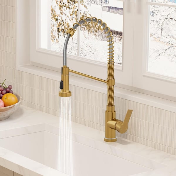 21.26 in. Single-Handle Pull-Down 2-Sprayer Kitchen Faucet LED Base 360° Spout Swivel Commercial in Brushed Gold