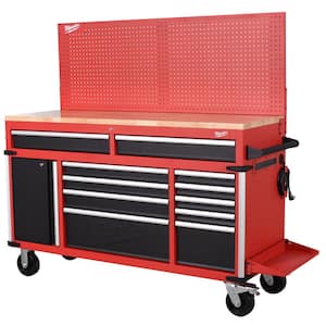 High-Capacity 61 in. W x 22.1 D 11-Drawer Mobile Workbench Cabinet with Solid Wood Top and Pegboard