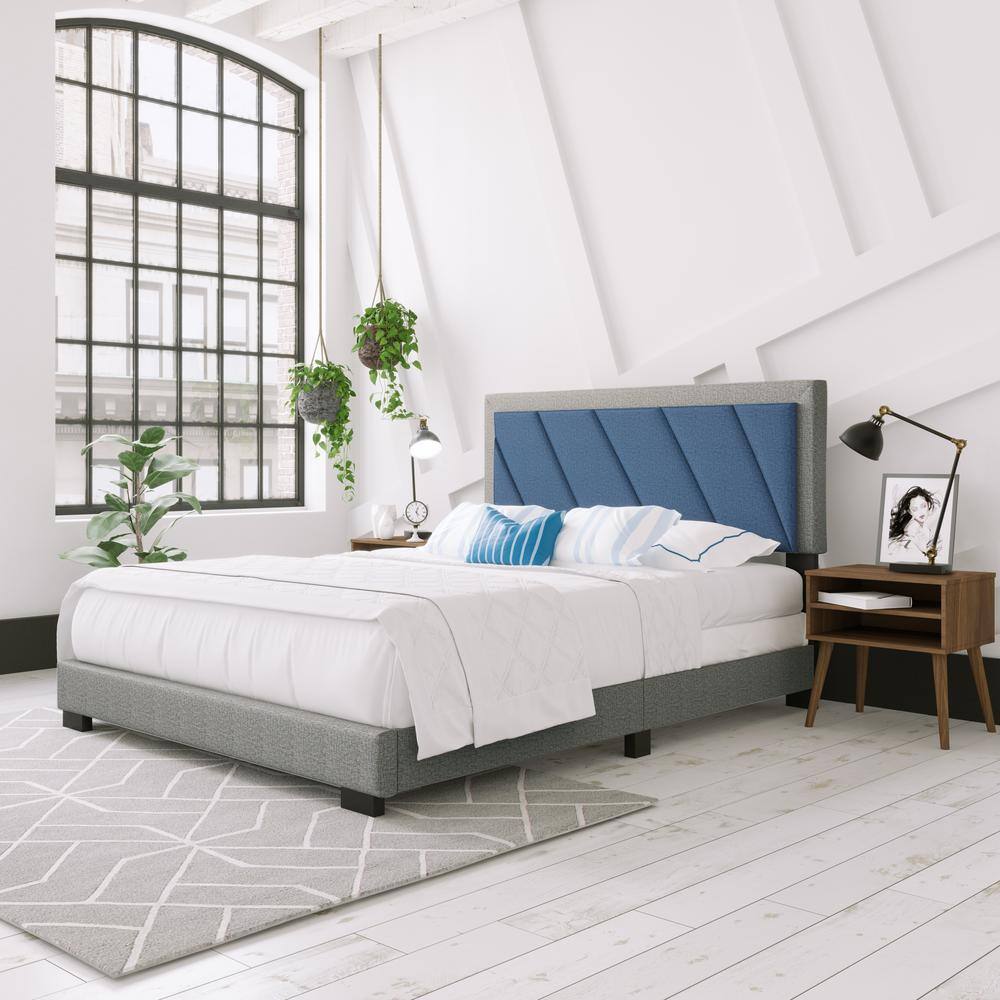 Full Blue Linen Upholstered Platform Bed with Tufted Headboard