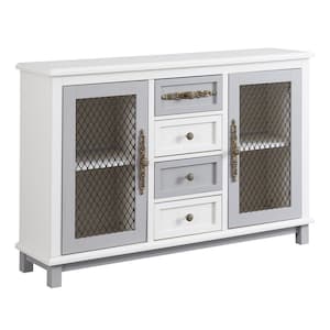 Antique White and Gray Retro Style Cabinet with 4 Drawers of the Same Size and 2 Iron Mesh Doors
