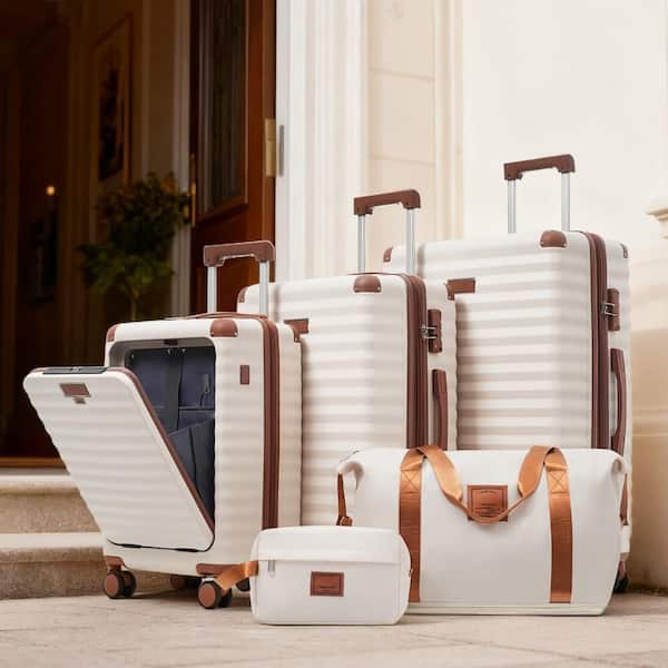 5-Piece Brown/White ABS Hardside Luggage Set with Front Opening,Double Spinner Wheel,USB Port and TSA Locks