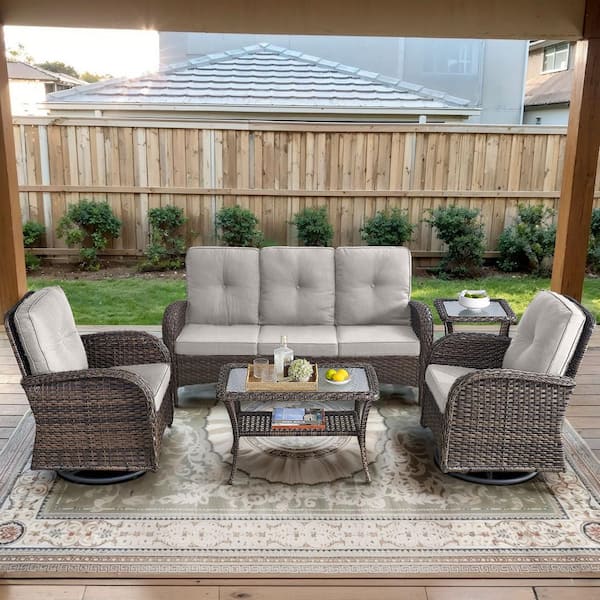 Brown 5-Piece Wicker Patio Conversation Set with Swivel Rockers, Outdoor Sofa Seating Set with Olefin Beige Cushions