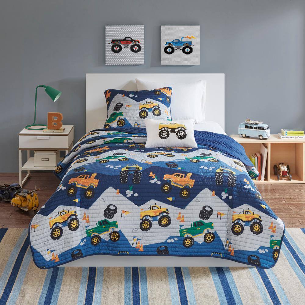 Blue Monster Truck Microfiber Reversible Twin Quilt Set