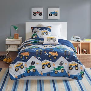 Gavin 3-Piece Blue Twin Monster Truck Polyester Reversible Coverlet Set