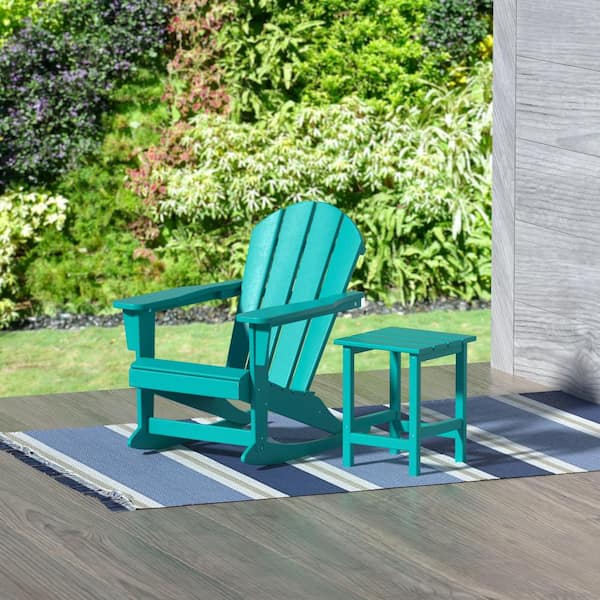 WESTIN OUTDOOR Laguna HDPE Poly Plastic Outdoor Patio Classic Adirondack Porch Rocking Chair with Side Table Set in Turquoise