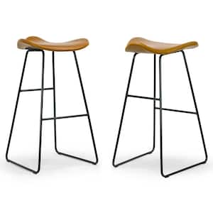 Aoi Brown Faux Leather Backless Bar Stool with Black Metal Legs (Set of 2)