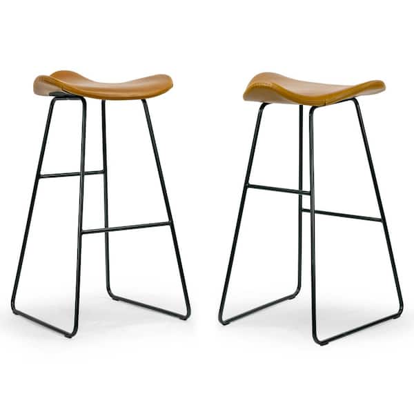 Glamour Home Aoi Brown Faux Leather Backless Bar Stool with Black Metal Legs (Set of 2)