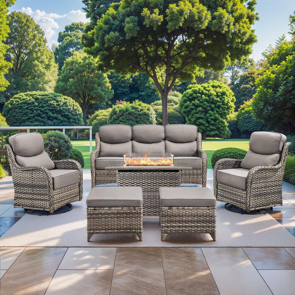 NovaSwivel Gray 6-Piece Wicker Patio Fire Pit Set Outdoor Conversation Swivel Chair Set with 6 in. Thick Gray Cushions price history on PriceWatchPro