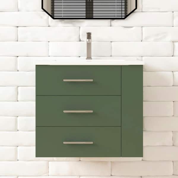 Rita 24.25 in. Single Sink Wallmount Bath Vanity with White Ceramic Countertop in Forest Green with Right Side Shelf