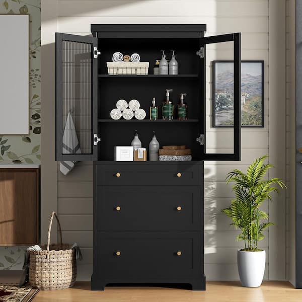 Black 70.1 in. H Tall Bathroom Cabinet, Linen Cabinet with 2 Adjustable Shelves, 3 Drawers and Soft Close Glass Doors