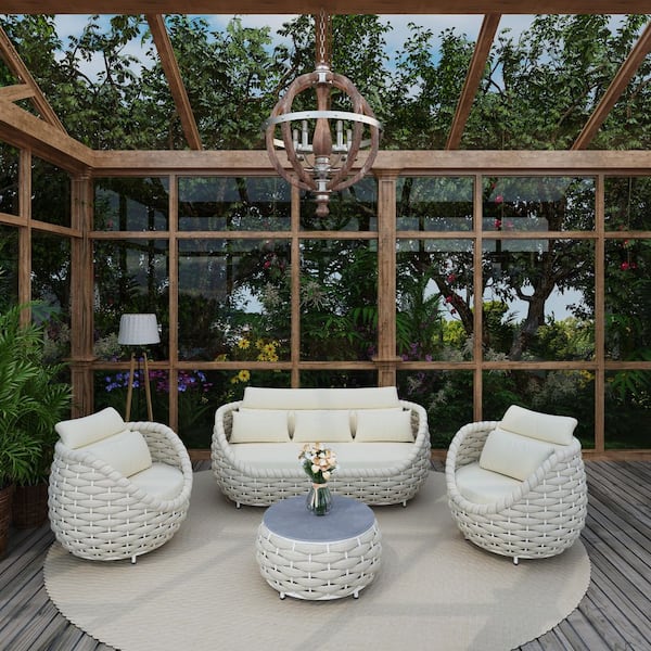 TWT Beige 4-piece Patio Olefin Woven Rope Aluminum Outdoor