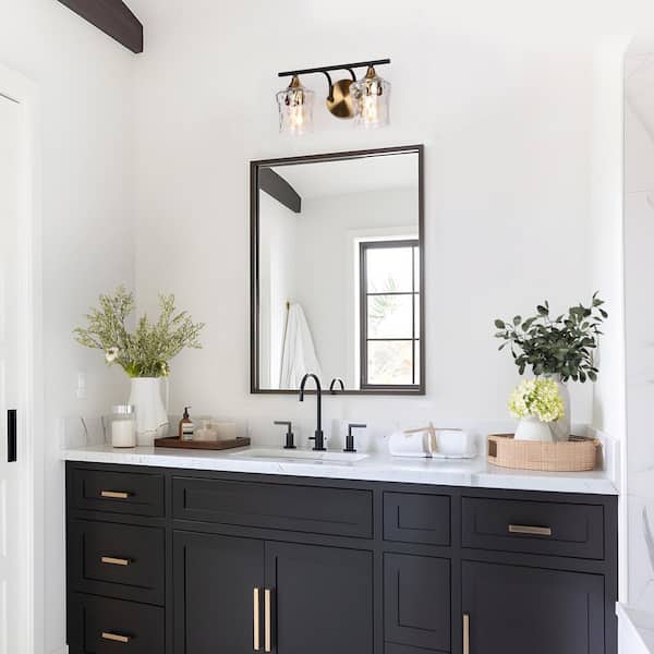 Jallie 14 in. Modern 2-Light Black Wall Sconce Brass Gold Transitional Bath Lighting Water Glass Bathroom Vanity Light