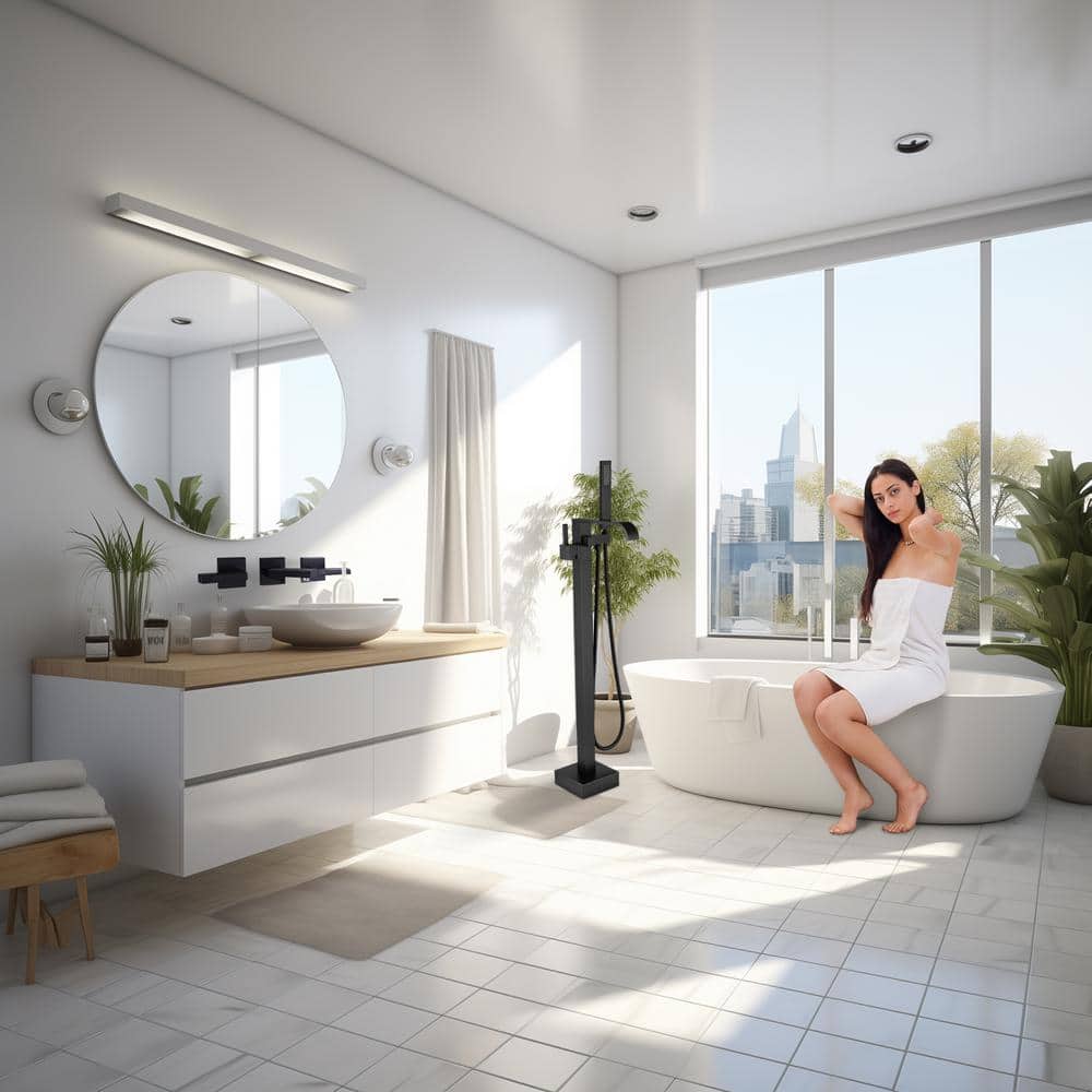 Matte Black Brass Floor-Mounted Freestanding Tub Filler