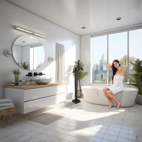 Single-Handle Freestanding Floor Mount Roman Tub Faucet Bathtub Filler with Hand Shower in Matte Black
