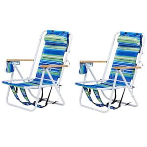 Portable 2 Pack Striped Blue Steel Folding Adjustable Headrest Beach Chair