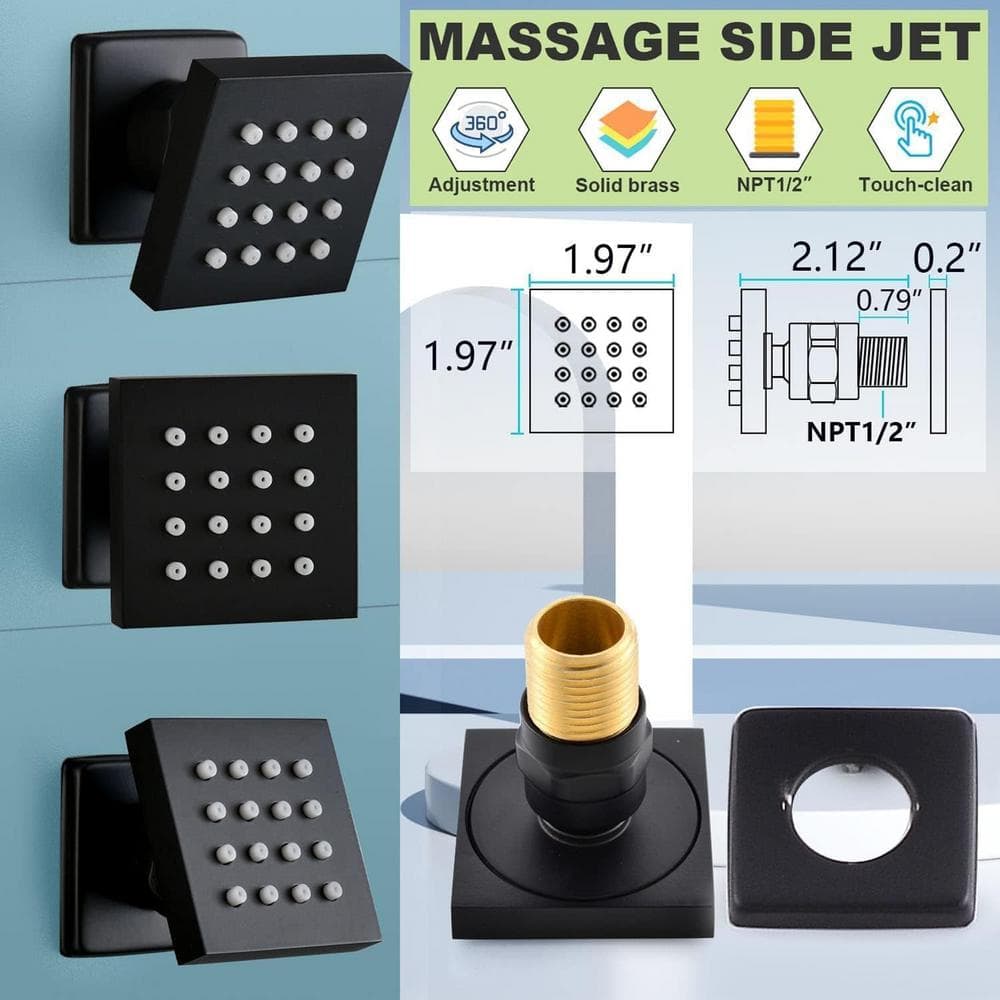 Matte Black 12-Inch Stainless Steel Multi-Head Wall Mounted Shower System