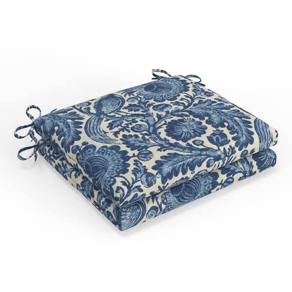 Pillow Perfect Floral 18.5 in W x 3 in H Square Outdoor Chair Seat Pad with Ties 2-Count in Tucker Resist Indigo