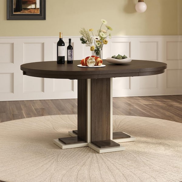 Harper & Bright Designs Extendable Espresso Wood Top 42 in. Pedestal Dining Table Seat 4 with 16 in. Middle Leaf