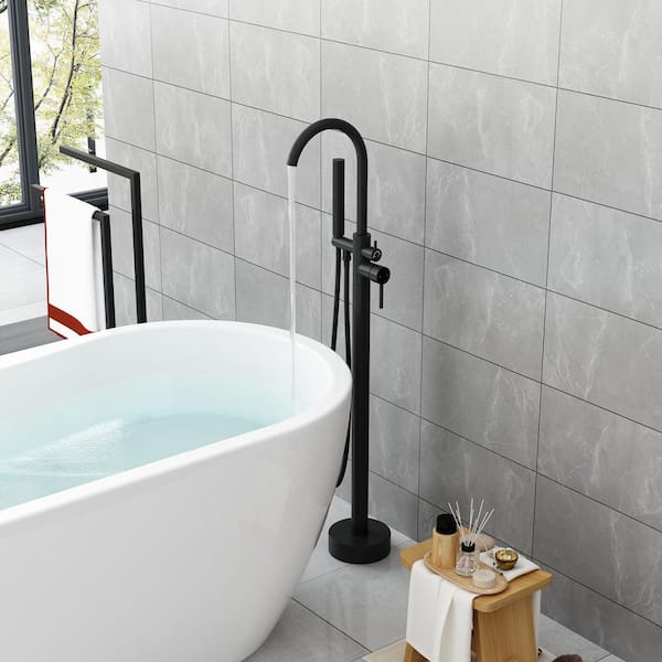 WIAWG Single-Handle Freestanding Tub Filler Floor Mount Bathtub High Flow Shower Faucets with Hand Shower in Black