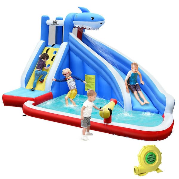 Multi-Color Inflatable Water Slide Shark Bounce House Castle Splash Water Pool with 750-Watt Blower