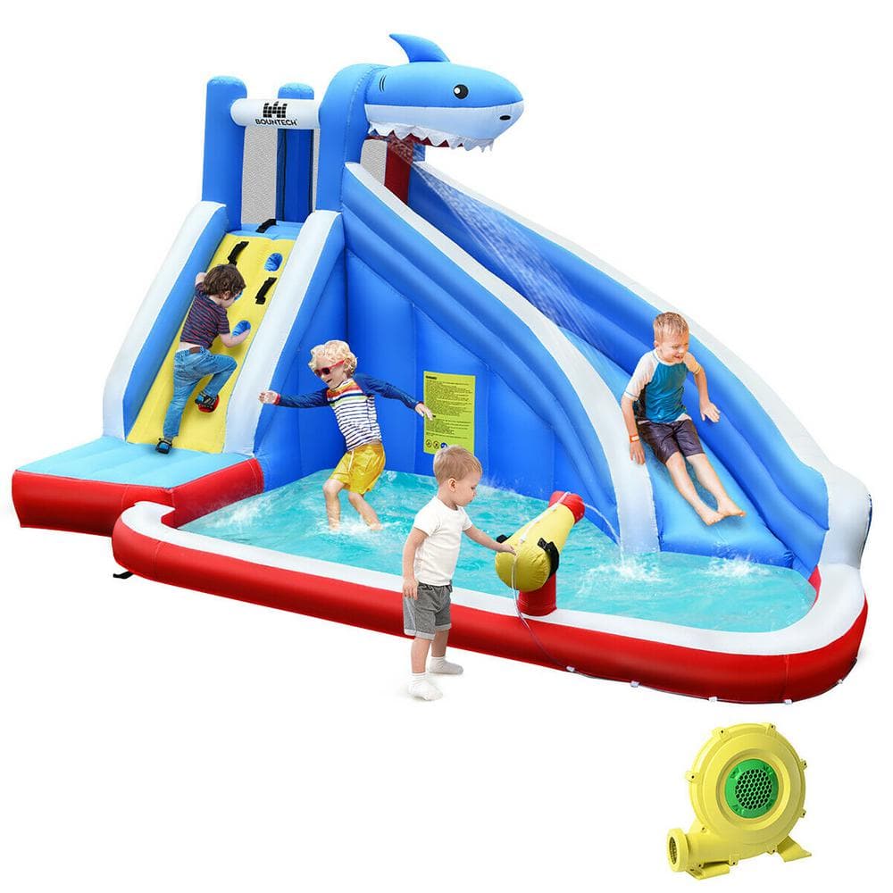 Costway Multi-Color Inflatable Water Slide Shark Bounce House Castle Splash Water Pool with 750-Watt Blower