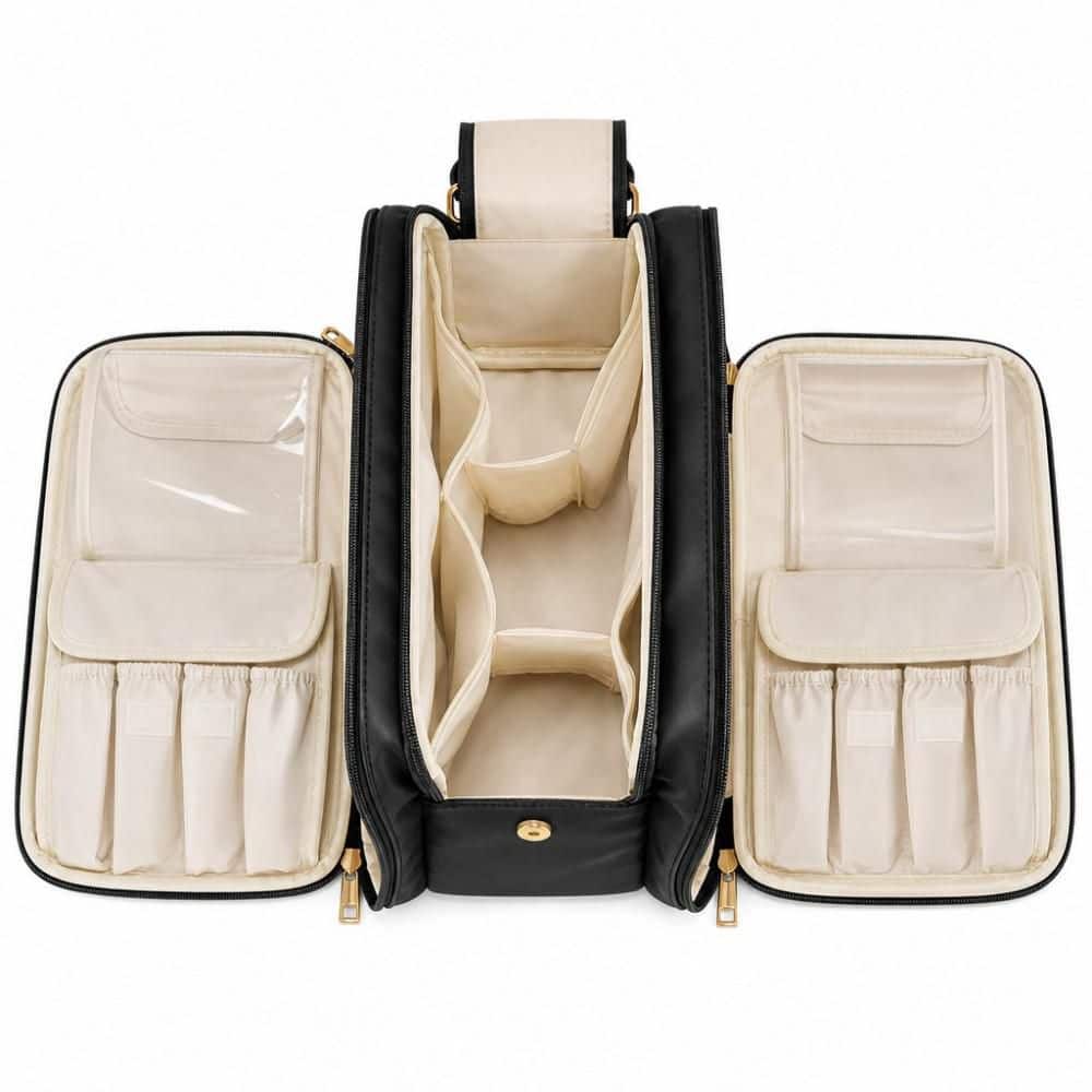 Large Capacity Travel Garment Bag in Black, PU Leather, 3 Compartments, Waterproof Makeup Organizer with Brush Holder