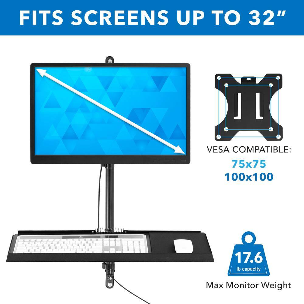 Black Steel Full Motion Wall Mount Workstation with Keyboard Tray