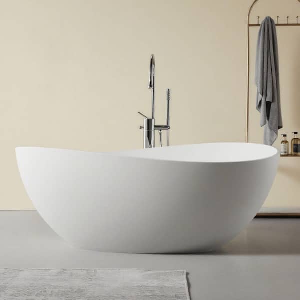 63 in. x 38 in. Contemporary Solid Surface Freestanding Soaking Bathtub in Matte White with Overflow and Pop-up Drain