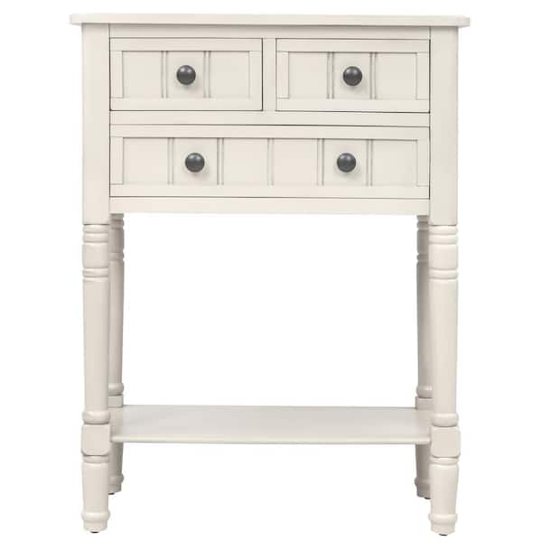 Qualler 24 in. Rectangle Ivory White Wood Console Table with 3-Storage Drawers